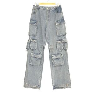 Retro 90s Women Jeans M Light Wash Denim Relaxed Straight Cargo Pockets Hip Hop